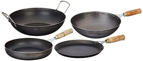 Amazon Brand – Solimo Sheet Metal Iron Cookware Set Of 4 Pcs (Kadai 24 Cm, Tawa 23 Cm, Wok 24 Cm, Frying Pan 24 Cm)