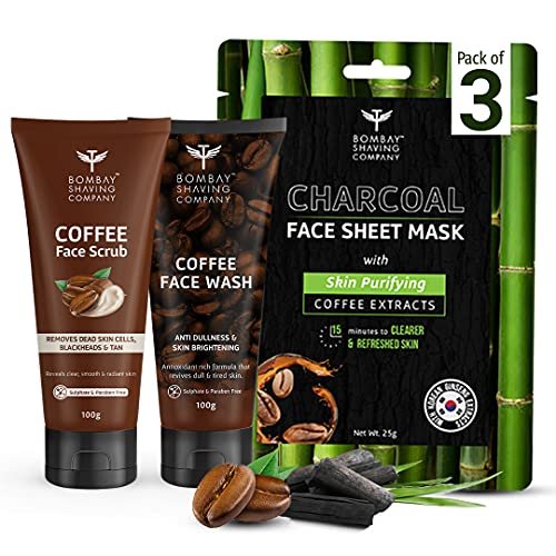 Bombay Shaving Co Coffee Facial Glow Kit | Coffee Scrub, Coffee Face Wash & Charcoal Sheet Mask | Gift Set For For Men & Women | Detoxify And Rejuvenate Your Skin | Pack Of 3
