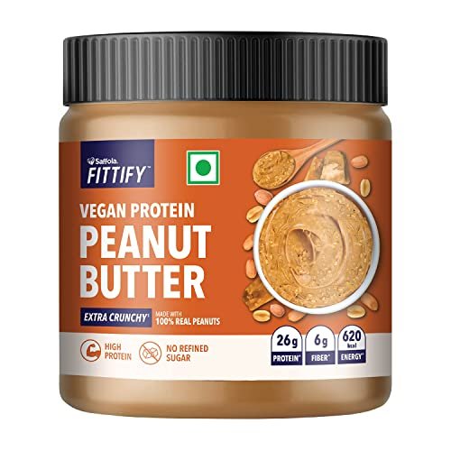 Saffola Fittify Vegan Protein Peanut Butter | Extra Crunchy | High Protein | No Refined Sugar | Vegan | 340G