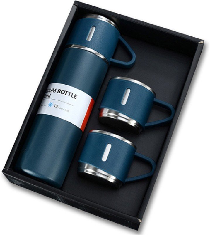 Aradhya Shoppe Stainless Steel Vacuum Flask With 3 Set Of Steel Cup Combo – 500Ml 500 Ml Flask(Pack Of 1, Blue, Steel)