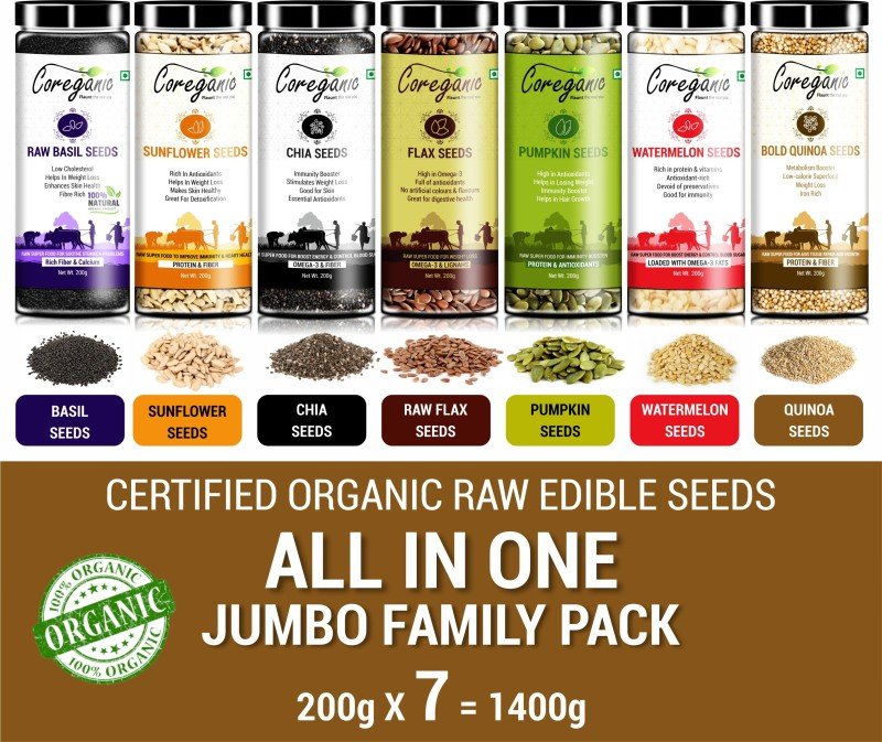 Coreganic Certified Raw Edible Seeds Family Value Pack (Flax,Chia,Pumpkin,Sunflower,Basil,Watermelon & Quinoa Seeds Chia Seeds, Brown Flax Seeds, Sunflower Seeds, Watermelon Seeds, Pumpkin Seeds, Basil Seeds, Quinoa Seeds(1400 G, Pack Of 7)