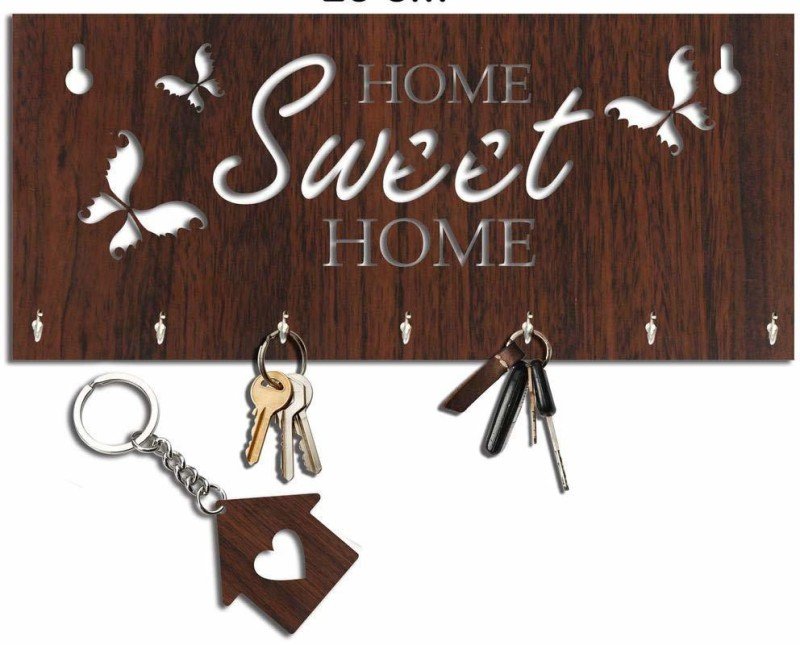 Arpita Crafts Butterfly Design Home Sweet Home Wood Key Holder(7 Hooks, Brown)