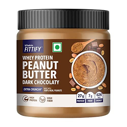 Saffola Fittify Whey Protein Peanut Butter | Dark Chocolaty | Extra Crunchy | High Protein | High Fiber | Vegan| No Trans Fat | 340G