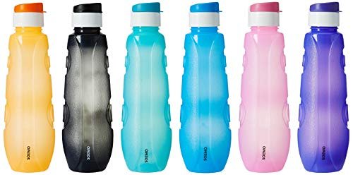 Amazon Brand – Solimo Plastic Water Bottle Set With Flip Cap (Set Of 6, 1 Liters, Circular Pattern,Multicolor)