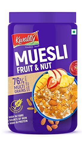 Kwality Crunchy Muesli Fruit & Nut | Goodness Of Multigrain | High In Fibre Source | Vitamin | Iron | Protein [1Kg Jar] [Pack Of 1]