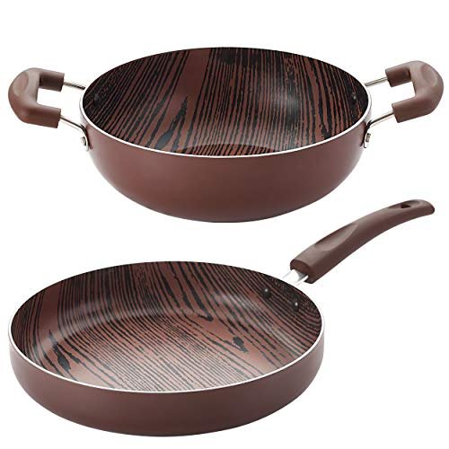 Nirlon Woody Gas Compatible Non Stick Aluminium 2 Piece Cooking Set [Frying Pan 24Cm – 1.8 Liter + Kadhai 24Cm – 3 Liter]