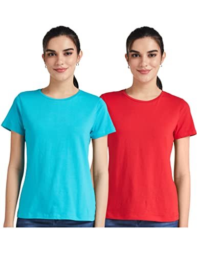 Amazon Brand – Symbol Women’S Solid Regular T-Shirt (Rn-Po2-Combo8_Red And Turquoise S)