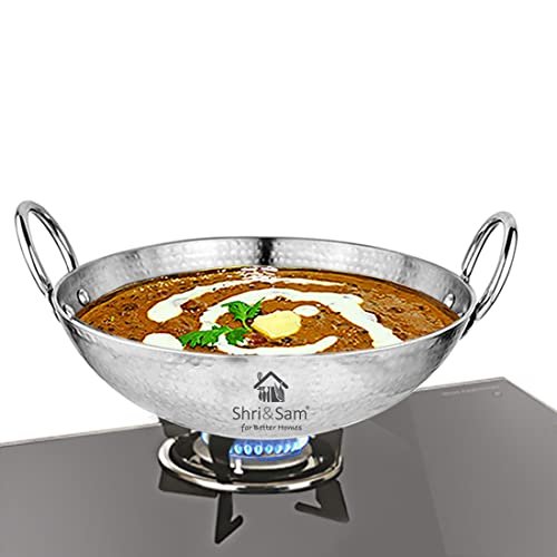 Shri & Sam Stainless Steel Heavy Weight Hammered Kadhai, 2.5 Mm,24 Cm, 1.3 Kg, 2.1 Litre