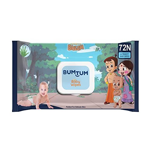 Bumtum Baby Chota Bheem Gentle Soft Moisturizing Wet Wipes With Lid | Aloe Vera & Chamomile Extracts | Paraben & Sulfate Free (Pack Of 1, 72 Pcs. Per Pack)