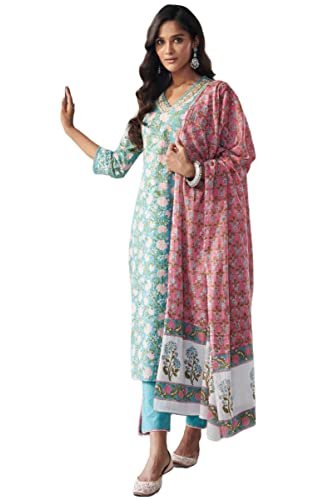 Anni Designer Women’S Cotton Blend Printed Straight Kurta With Pant (Kidya Blue_L_Blue_Large)