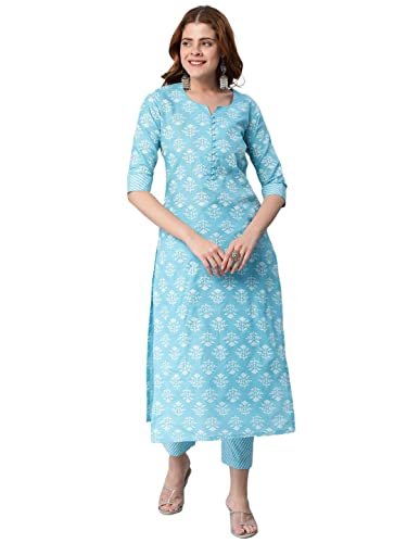 Anni Designer Women’S Cotton Blend Printed Straight Kurta With Pant (Kidya Blue_L_Blue_Large)