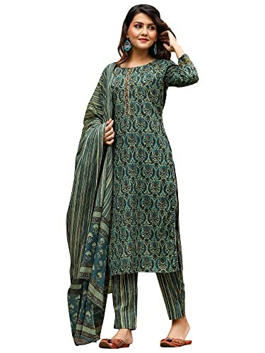 Vaamsi Women’S Cotton Blend Kalamkari Printed Straight Kurta Pant With Dupatta (Vkskd1171_Green_Xl)