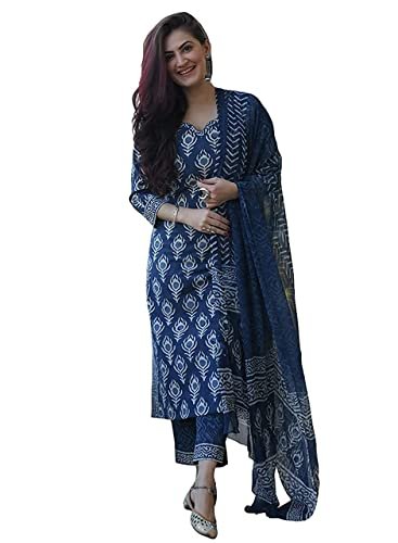 Gosriki Women’S Rayon Straight Printed Kurta With Pant & Dupatta (Bulgeriya Blue_Xl-Go_Blue_X-Large)