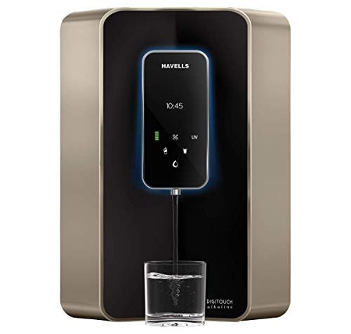 Havells Digitouch Alkaline Water Purifier, Smart Touch Water Dispense, Copper+Zinc+Alkaline Natural Minerals, 8 Stage Purification, 6L Tank, Double Uv Purification Tech.(Ro+Uv) (Champagne & Black)