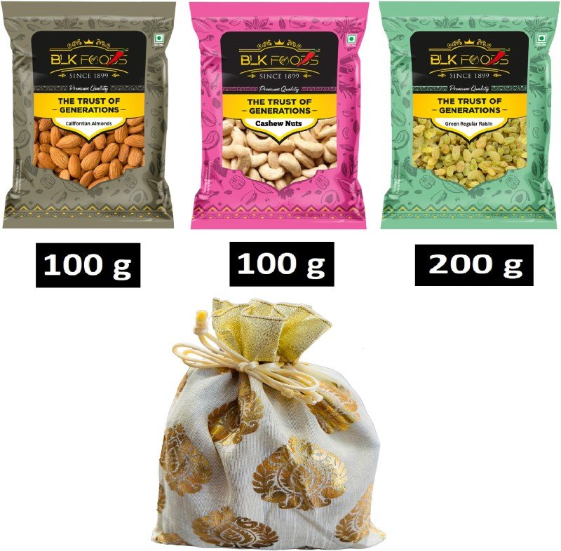 Blk Foods 400G Select Dry Fruits Combo| Gift Pack | Almonds100G ,Cashew100G & Raisins200G| Almonds, Cashews, Raisins(400 G)