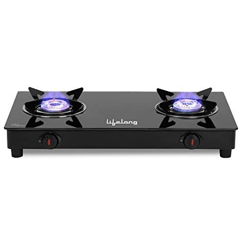 Greenchef Elon Glass Cook Top 2 Burner Gas Stove,Black Body (Manual Ignition)