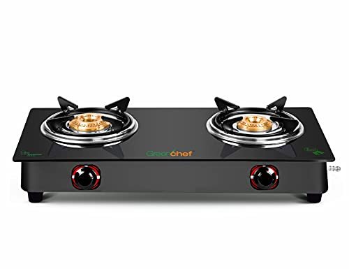 Greenchef Elon Glass Cook Top 2 Burner Gas Stove,Black Body (Manual Ignition)