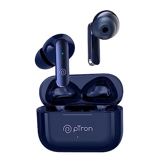 Ptron Bassbuds Duo In Ear Earbuds With 32Hrs Total Playtime, Bluetooth 5.1 Wireless Headphones, Stereo Audio, Touch Control Tws, With Mic, Type-C Fast Charging, Ipx4 & Voice Assistance (Blue)