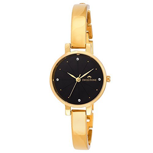 Swisstone Analog Women’S Watch (Black Dial Gold Colored Strap)