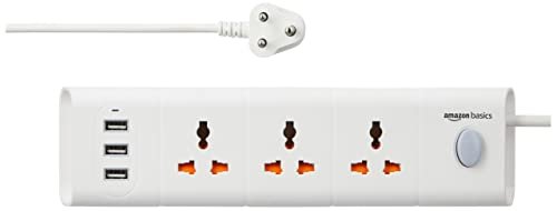 Amazon Basics 250 Volts Long Extension Board With 3 Ac Sockets + 3 Usb Charging Ports, 2 Meter Cable Length, Power Multiple Devices Simultaneously