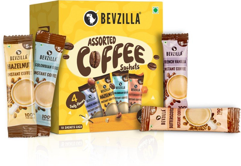 Bevzilla Instant Coffee Powder – 60 Sachets Box, Makes Premium Cups, 15 Sachet Each Instant Coffee(60 X 2 G, Assorted Flavoured)