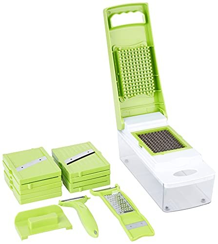 Amazon Brand – Solimo 15-In-1 Stainless Steel Multipurpose Vegetable And Fruit Chopper, Green