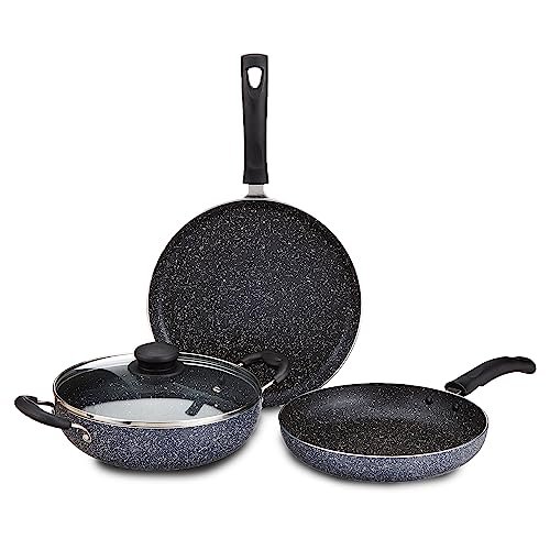 Amazon Brand – Solimo Aluminium 4 Piece Non-Stick Cookware Set | Granite Finish | Induction Base | Pfoa Free | Htr Exterior Coating | 25Cm Tawa, 22 Cm Kadai, 22Cm Fry Pan, 1 Glass Lid | Grey